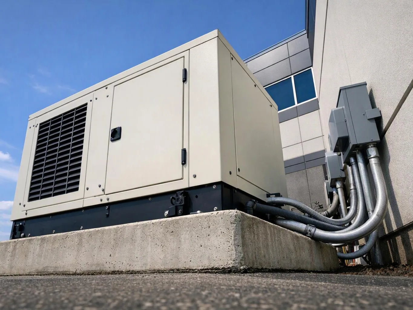 A large beige generator sits on a concrete pad beside a building, with metal conduits running into the wall under a blue sky