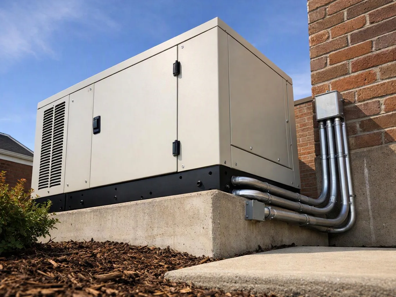 A large beige generator sits on a concrete pad beside a brick wall with metal conduit pipes attached