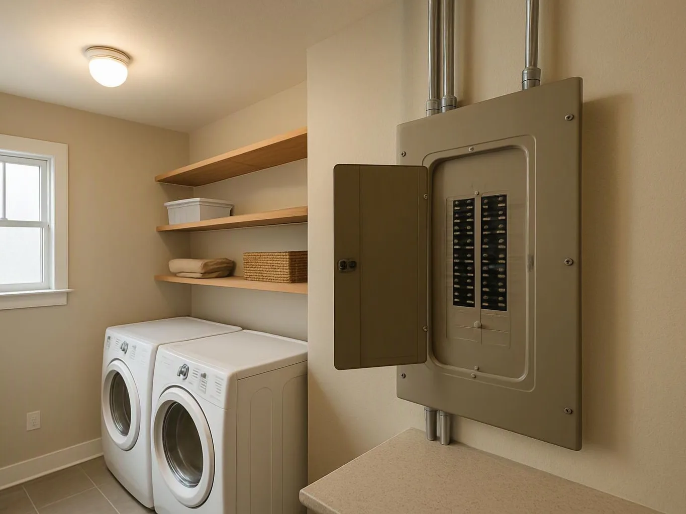 A laundry room shows a washer, dryer, shelves, a window, and an open electrical panel on the wall