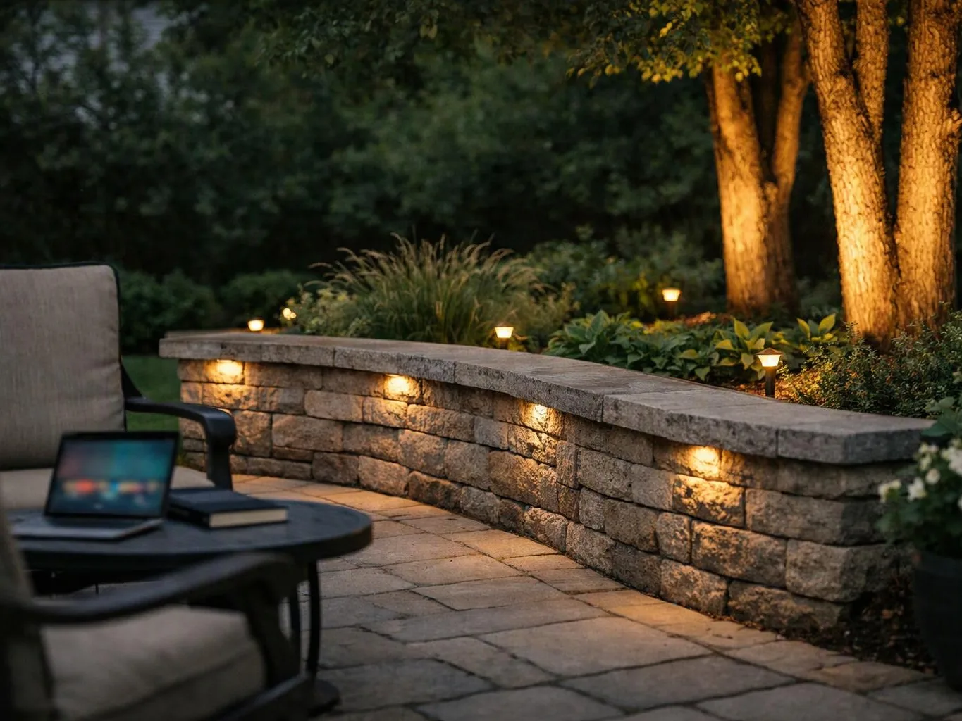 A lit stone patio with chairs, a small table, and a laptop sits beside trees and garden lights at dusk