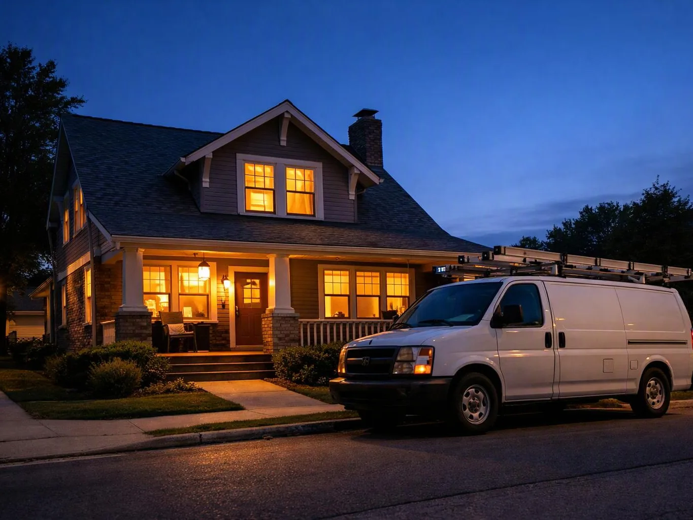 A lit suburban house at dusk sits behind a white work van with ladders on its roof