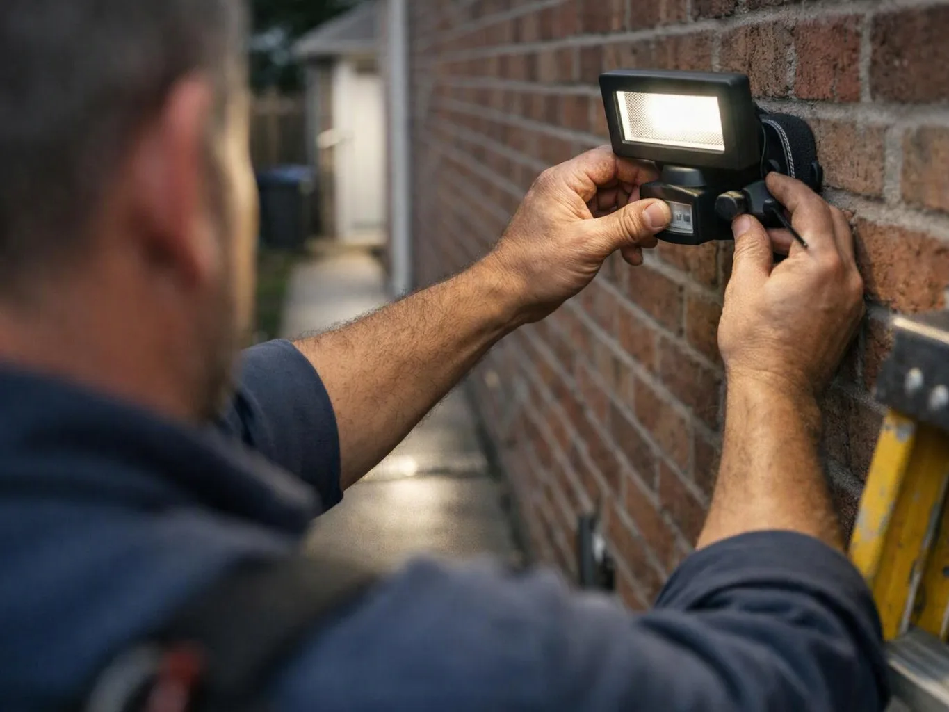 A man adjusts a bright outdoor security light on a brick wall near a ladder