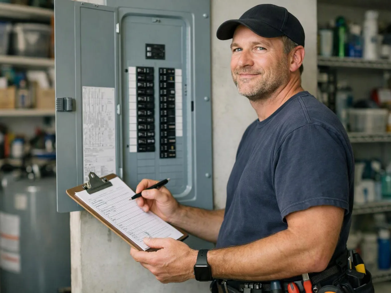 A man in a black cap writes on a clipboard beside an open electrical panel in a workshop