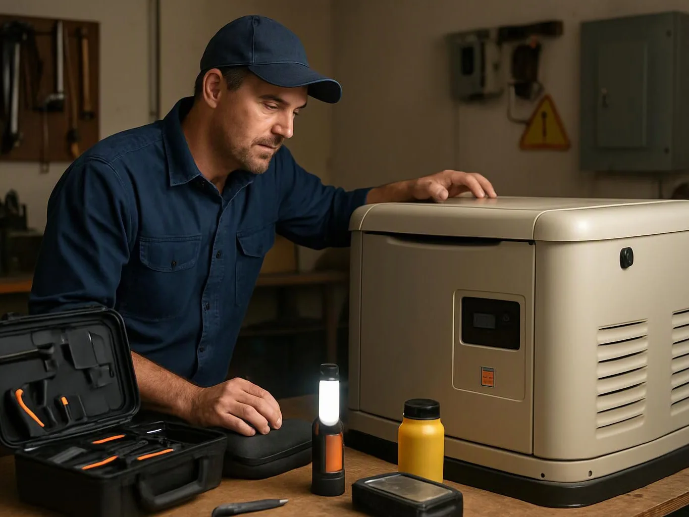 A man in a blue cap inspects a large generator beside tools, lanterns, and cases on a workshop table