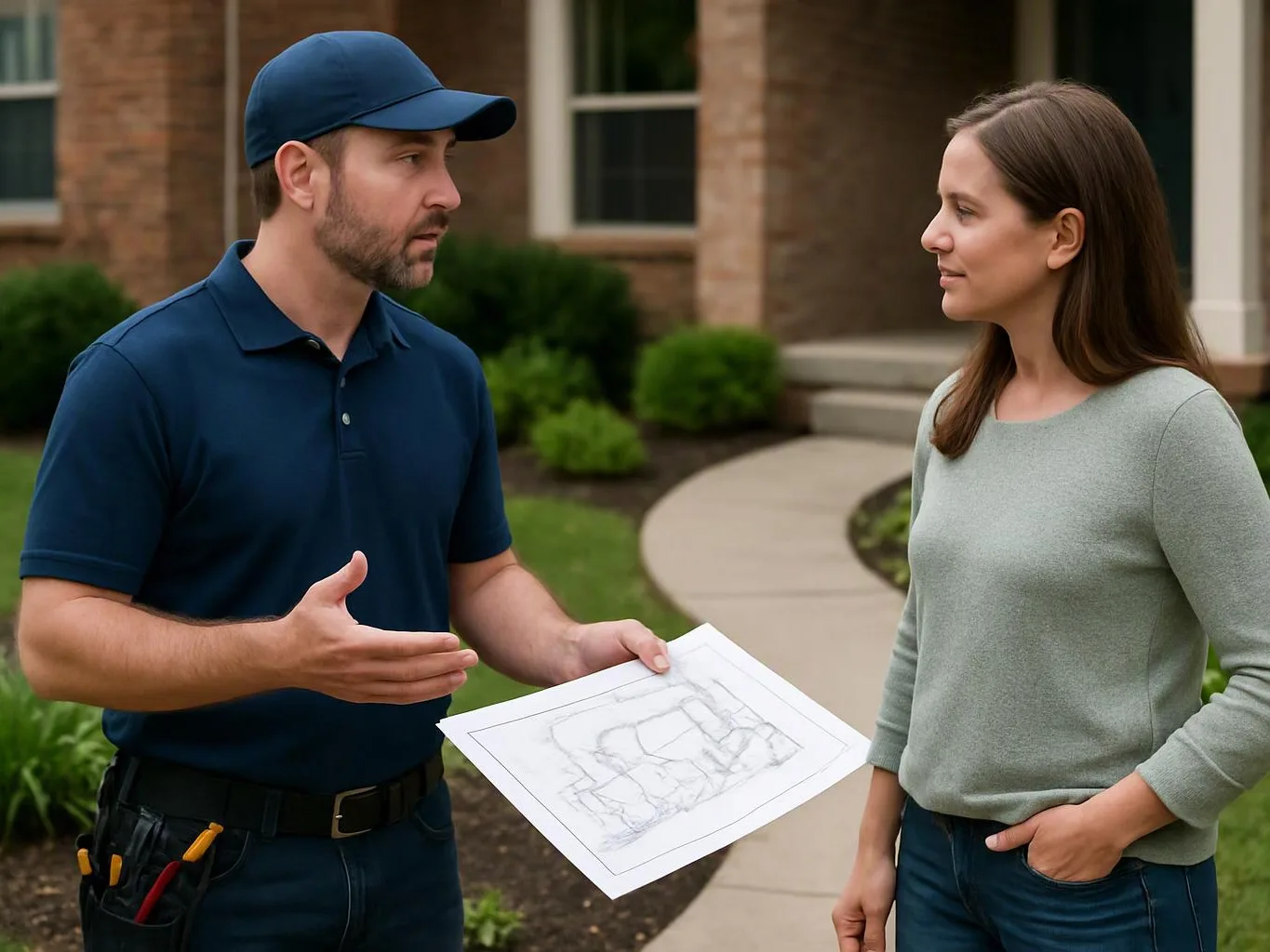 A man in a blue cap shows a plan sheet to a woman outside a brick house