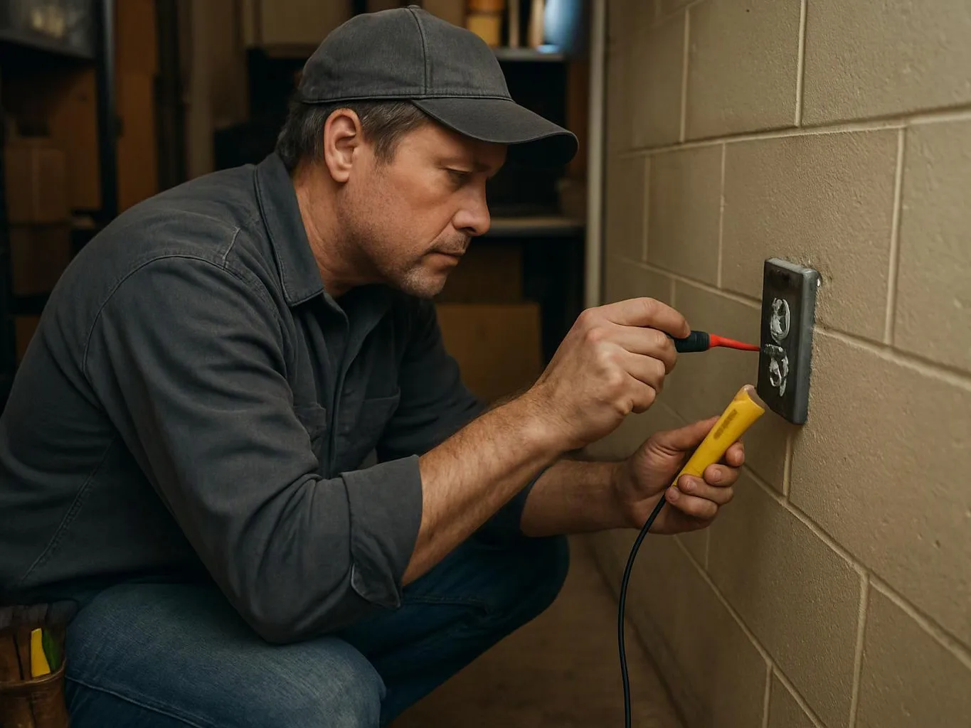 A man in a cap checks an electrical outlet with a tester inside a storage room