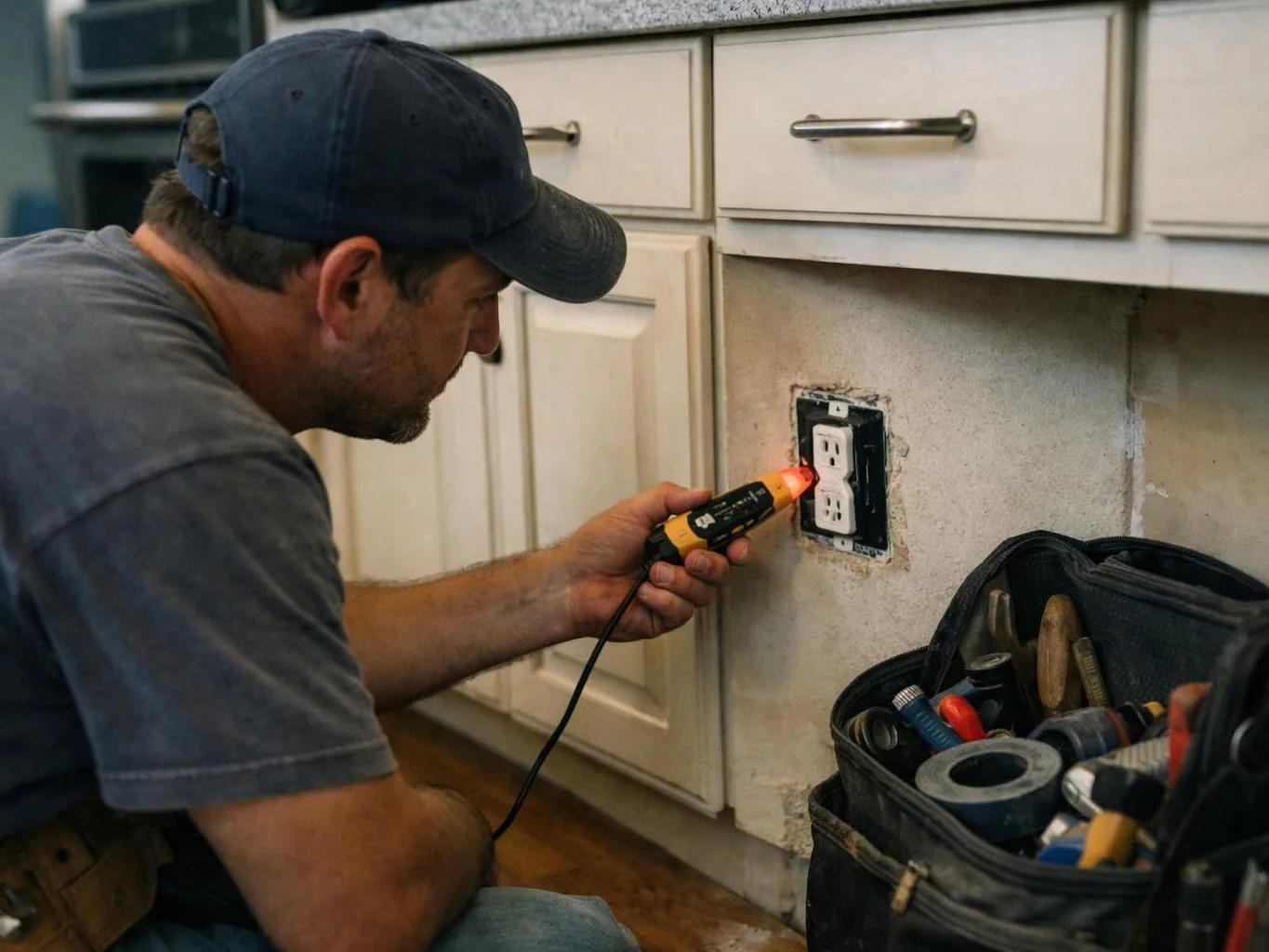 A man in a cap checks an electrical outlet under kitchen cabinets with a glowing tester, tools beside him