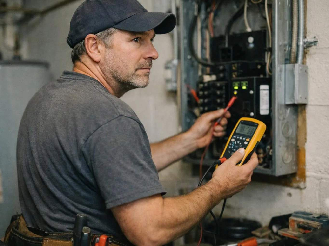 A man in a cap checks an open electrical panel with a yellow multimeter indoors