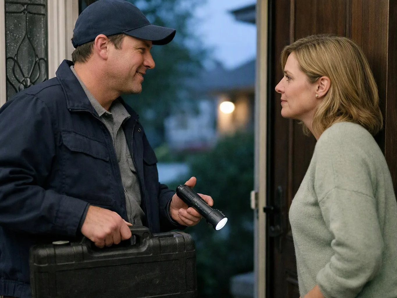 A man in a cap holds a flashlight and toolbox while speaking to a woman at an open doorway