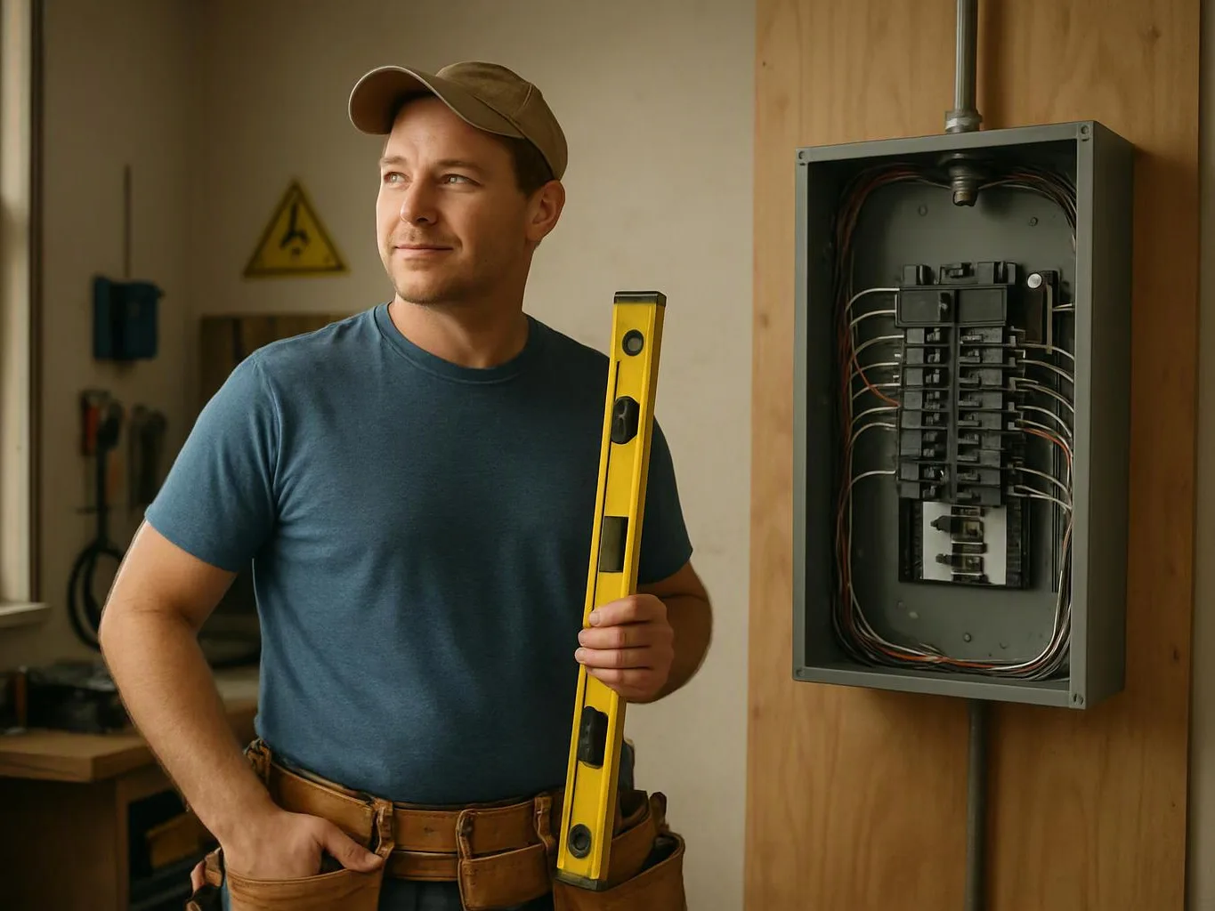 A man in a cap holds a yellow level beside an open electrical panel in a workshop