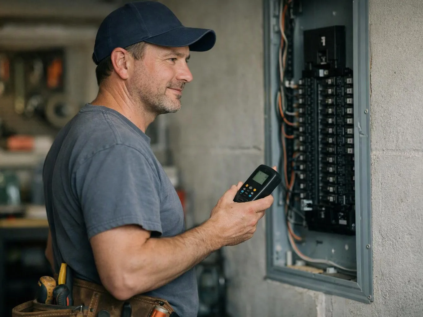 A man in a cap inspects an open electrical panel while holding a handheld tester indoors