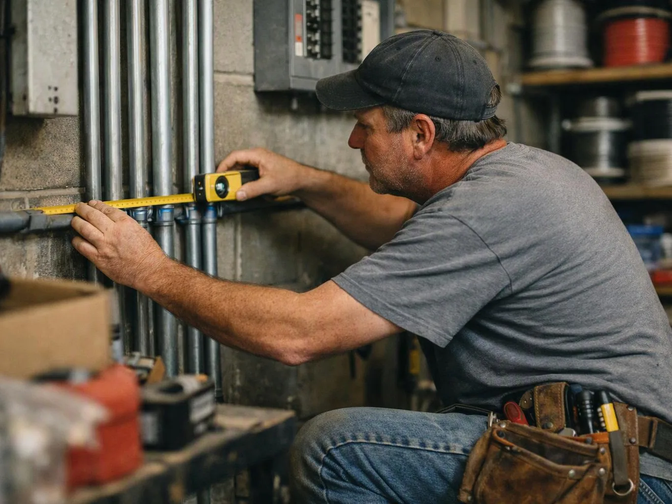 A man in a cap measures metal pipes on a workshop wall with a tape measure