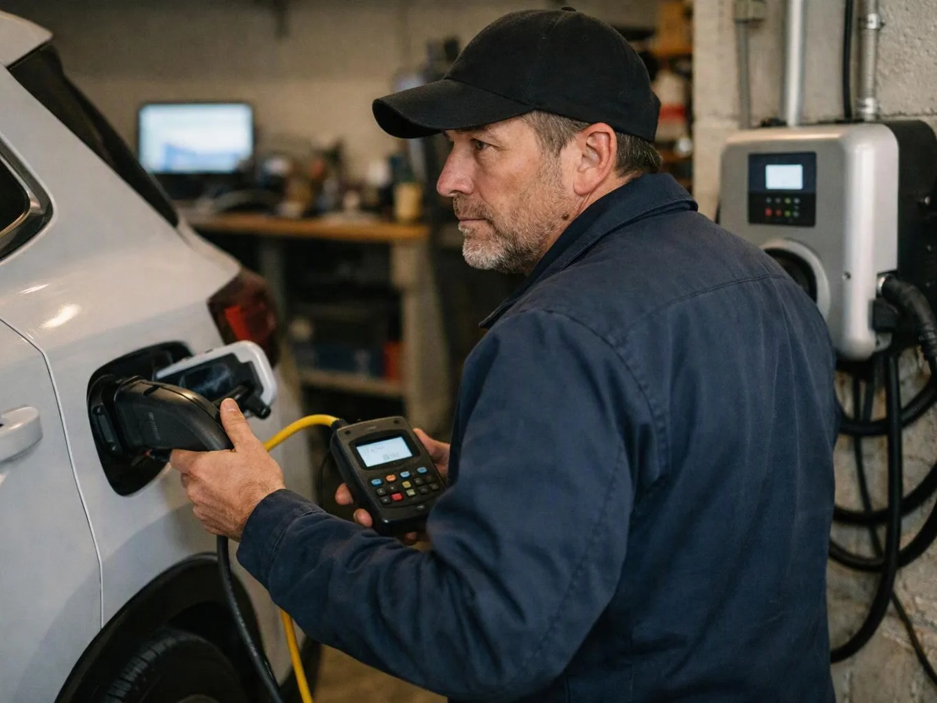 A man in a cap plugs a charging cable into an SUV inside a garage