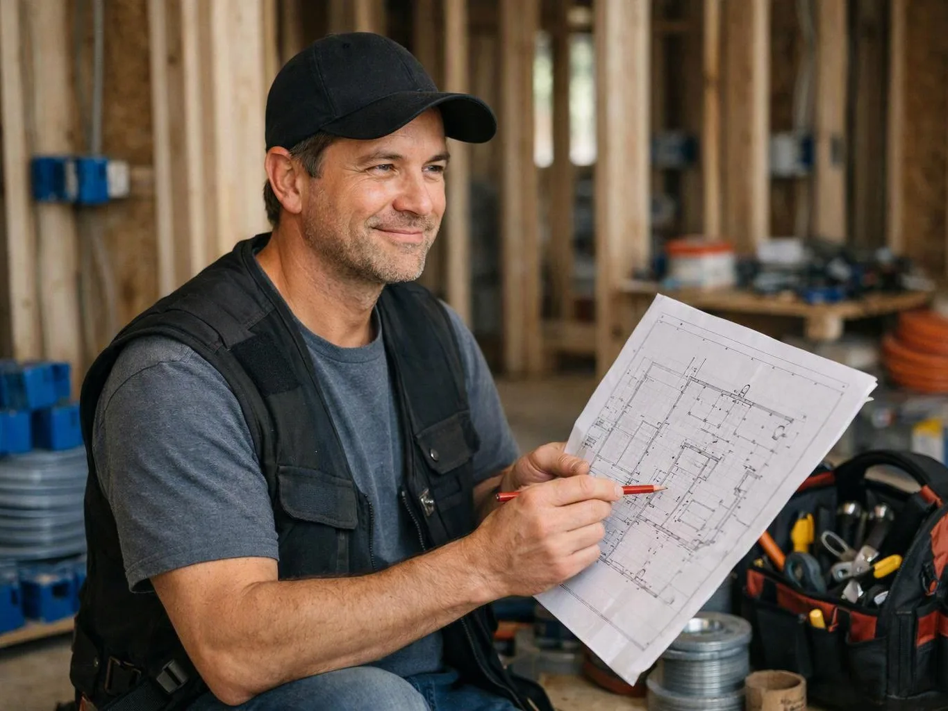 A man in a cap studies a floor plan with a pencil inside a construction site