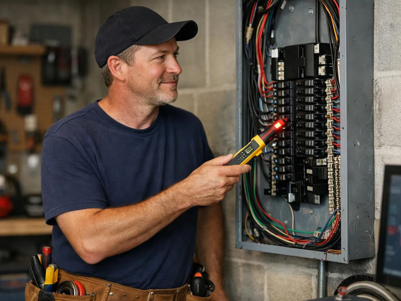 A man in a cap tests an open electrical panel with a glowing voltage pen in a workshop