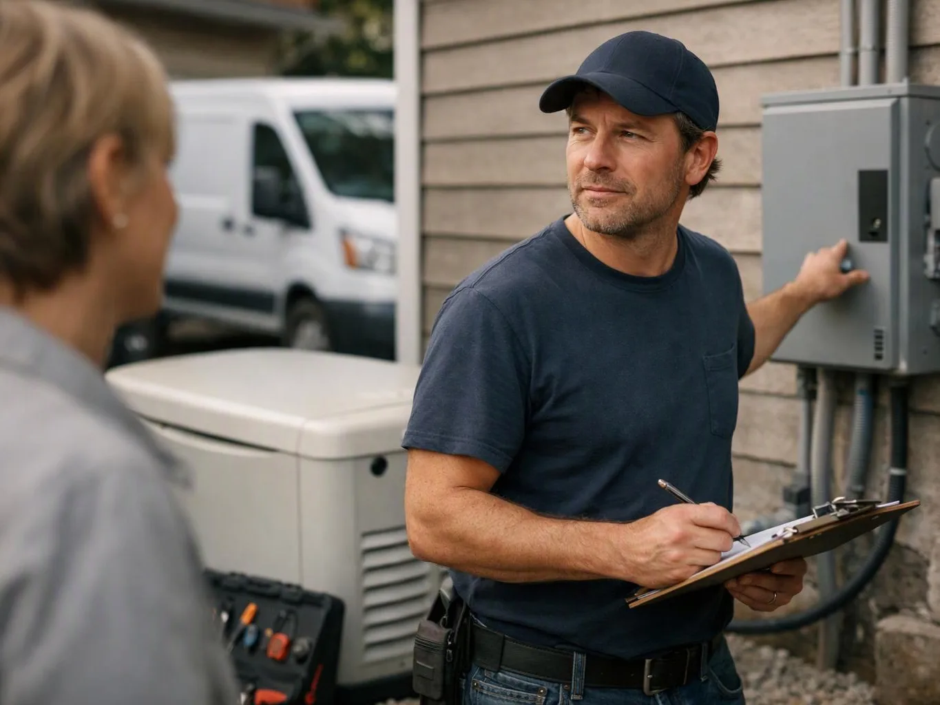 A man in a cap writes on a clipboard beside an electrical panel while another person listens nearby outside a building