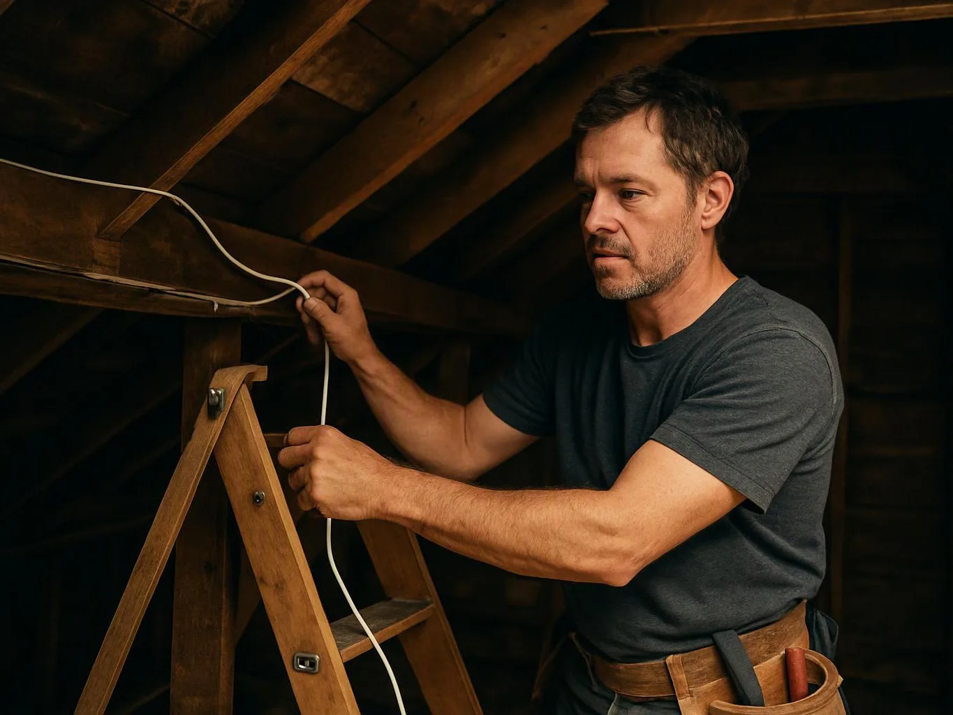 A man in a dark attic steadies a ladder while routing a white cable along exposed wooden beams