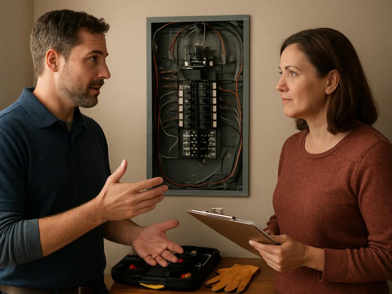 A man gestures while talking to a woman holding a clipboard beside an open electrical panel in a room