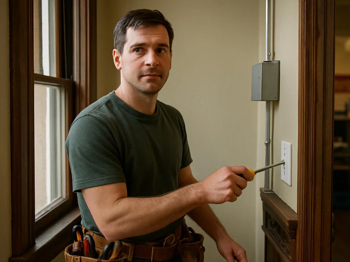 A man in a green shirt uses a screwdriver on a wall switch beside a window inside a room