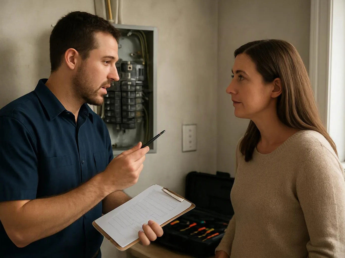 A man holding a clipboard talks with a woman beside an open electrical panel in a room