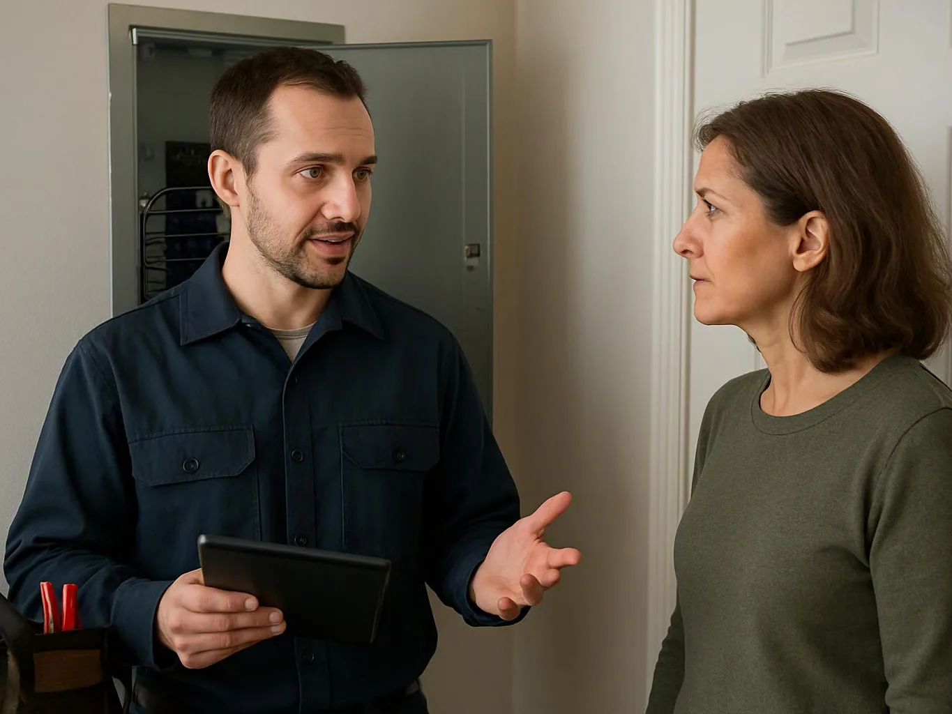A man holding a tablet talks to a woman standing in a hallway near an open electrical panel
