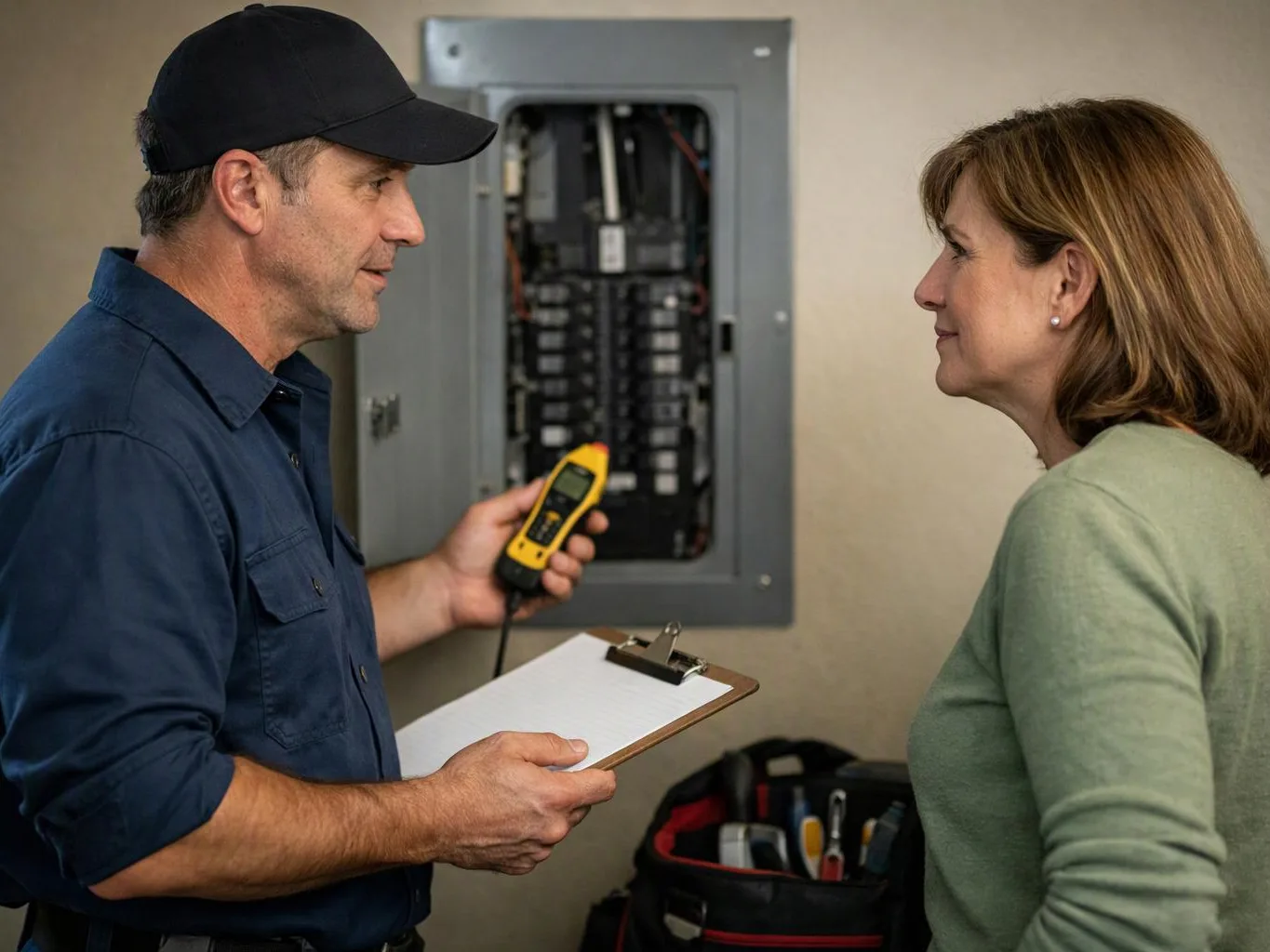 A man holds a clipboard and yellow meter while talking to a woman beside an open electrical panel