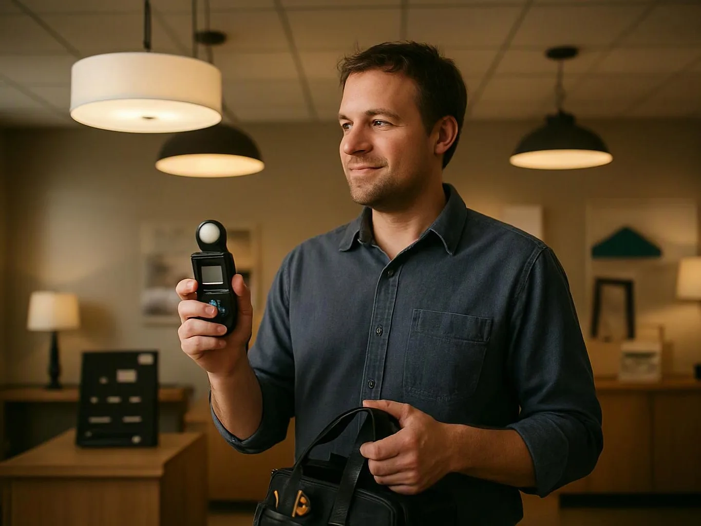 A man holds a light meter and a camera bag inside a softly lit showroom