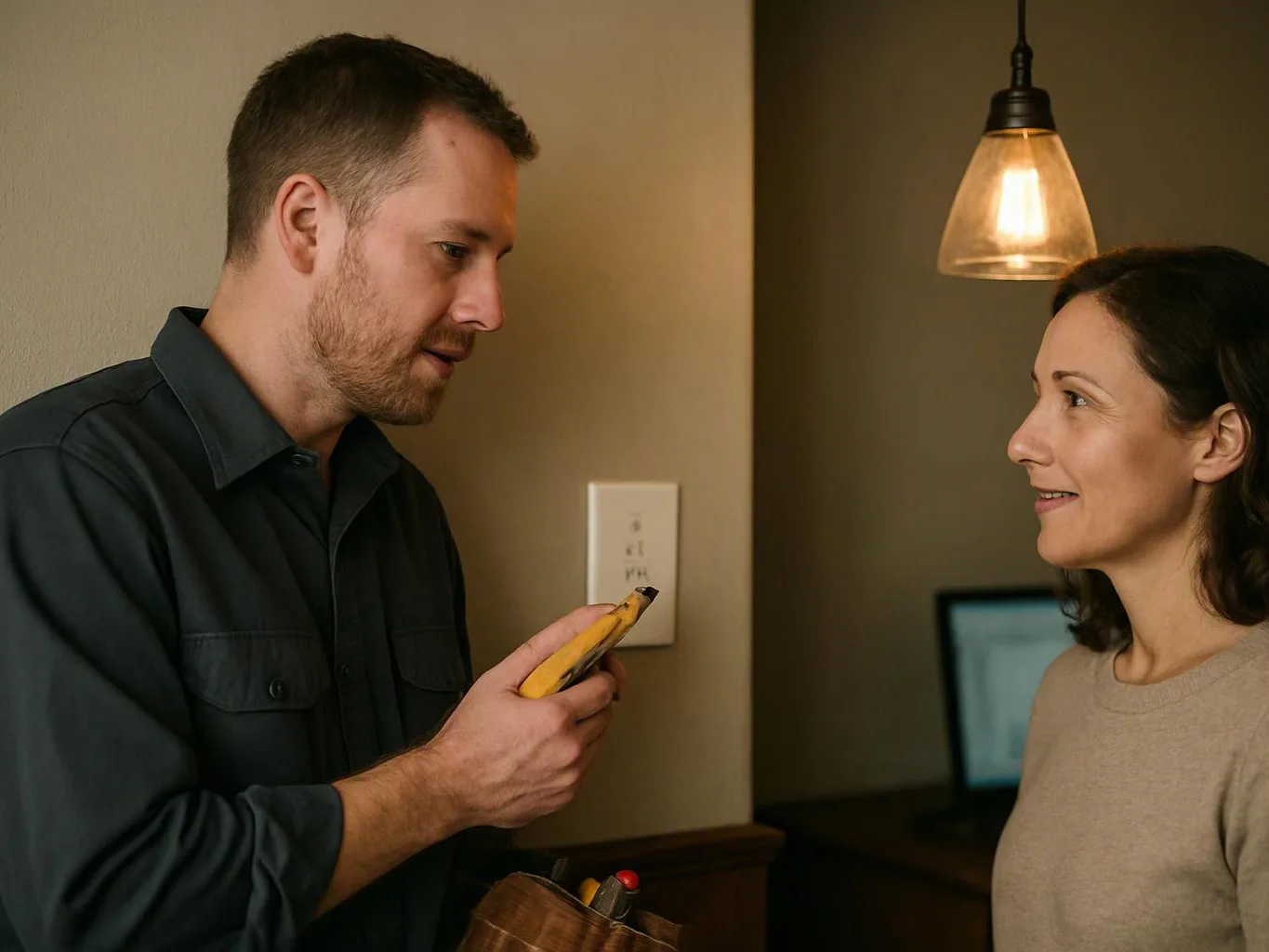 A man holds a utility knife while talking to a woman indoors under a hanging light