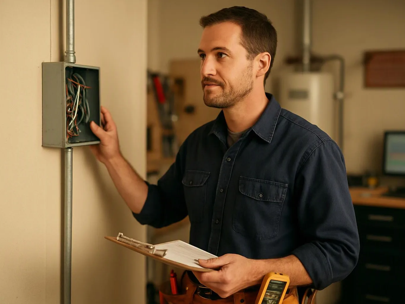 A man inspects open electrical wiring in a wall box while holding a clipboard in a workshop