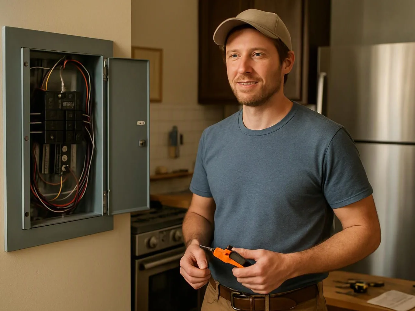 A man in a kitchen stands beside an open electrical panel and holds an orange tool