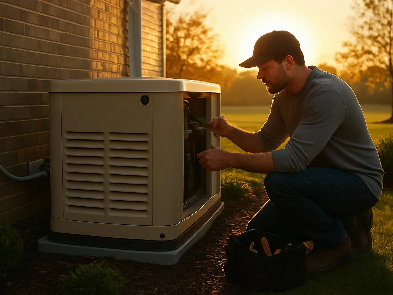 A man kneels beside a house generator at sunset, inspecting its open side with tools nearby
