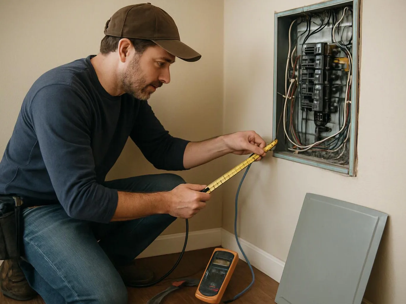 A man kneels beside an open electrical panel, measuring wires with a yellow tester in a bare room