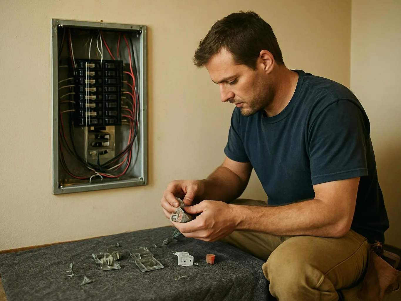 A man kneels beside an open electrical panel, handling wires and small parts on a padded surface