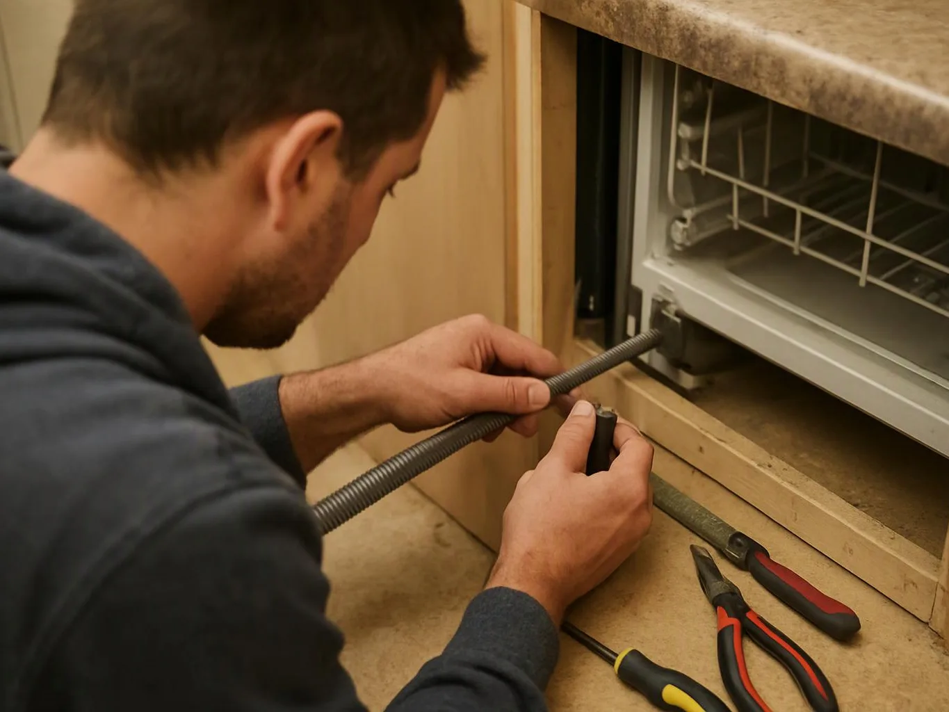 A man kneels by a dishwasher, holding a corrugated hose and working with pliers beside the open cabinet