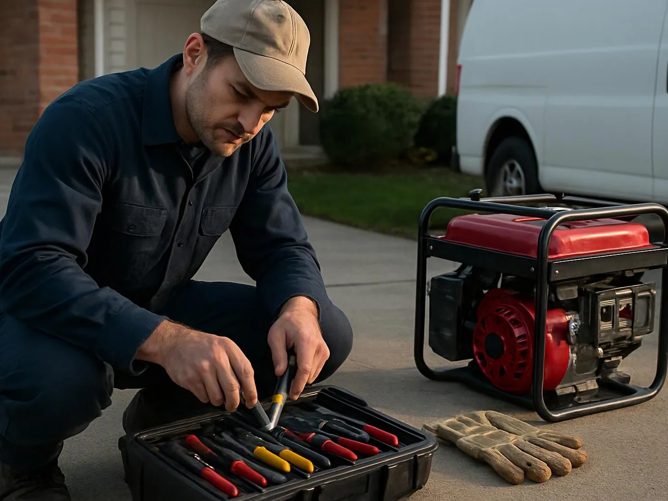A man kneels on a driveway, checking tools in a case beside a red generator and gloves