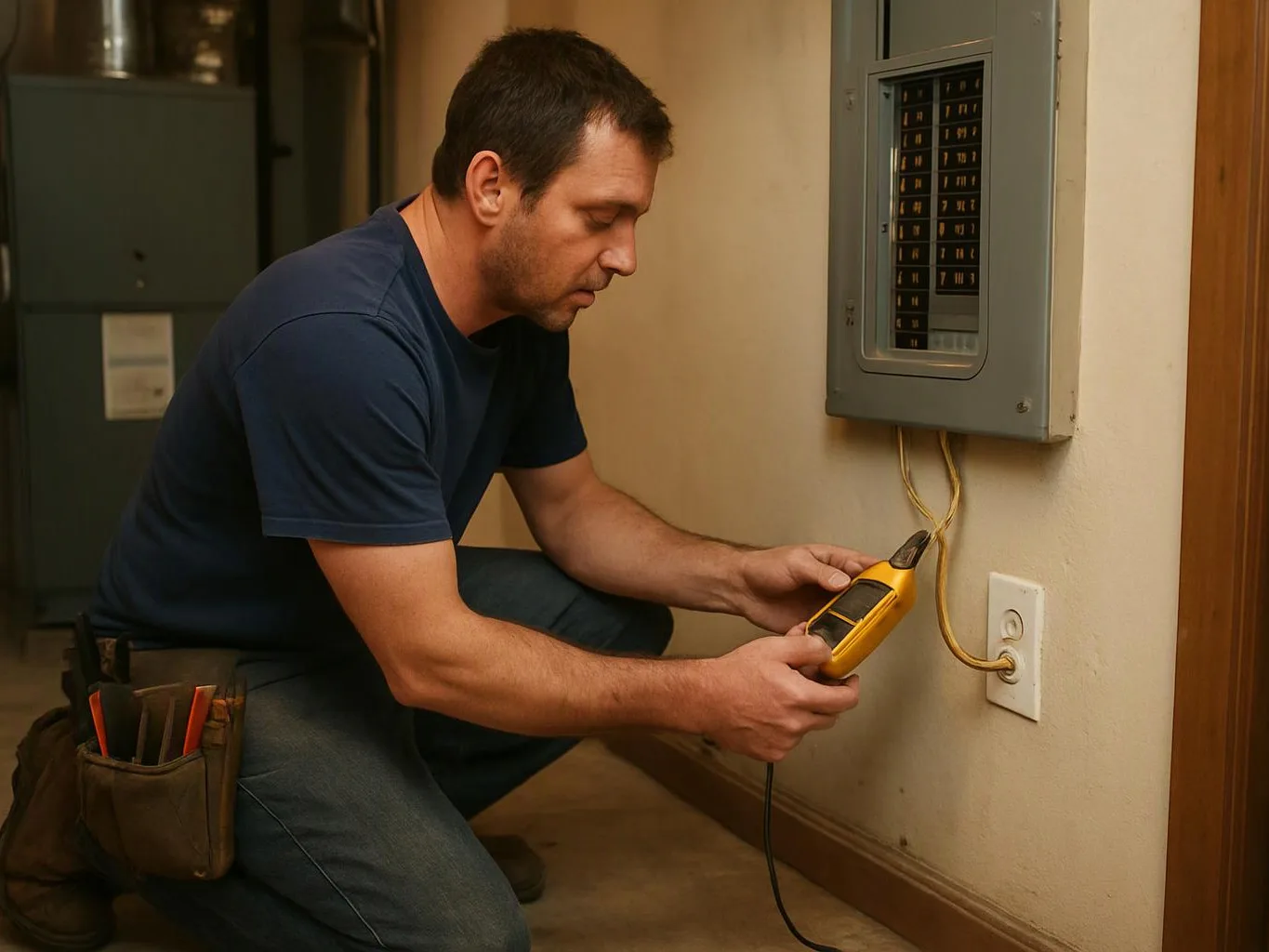 A man kneels by an electrical panel, testing an outlet with a yellow meter in a hallway