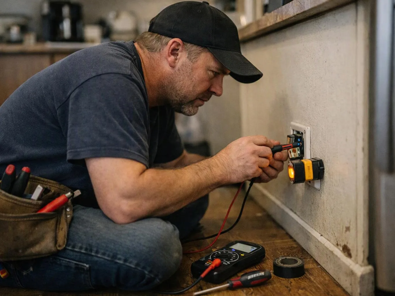 A man kneels on a floor, testing an electrical outlet with a multimeter and tools nearby
