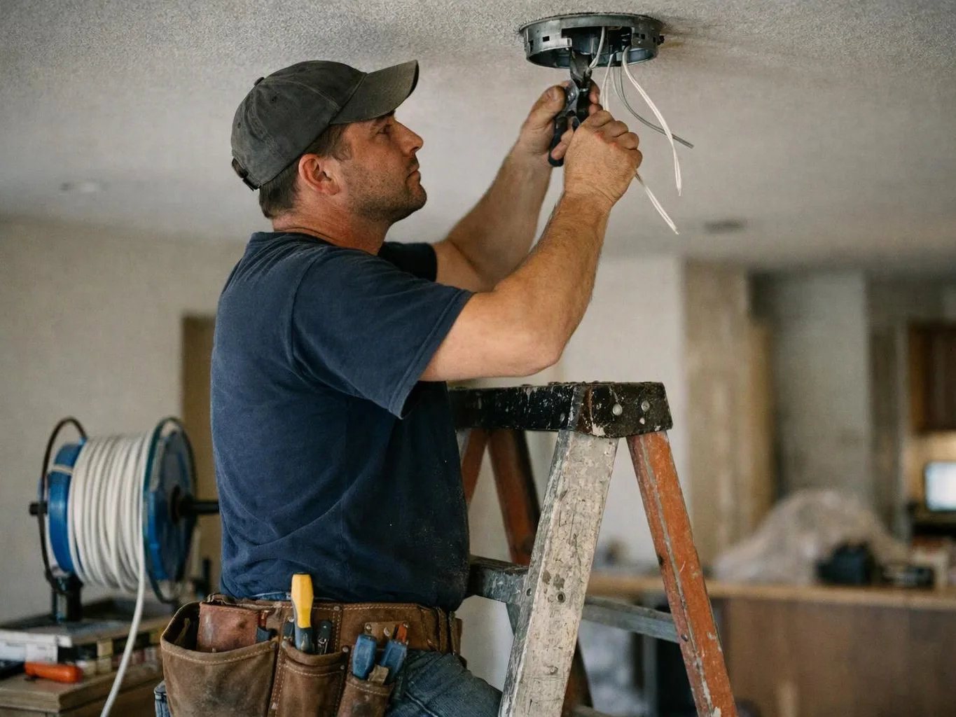 A man on a ladder installs ceiling wiring with pliers in a room under construction