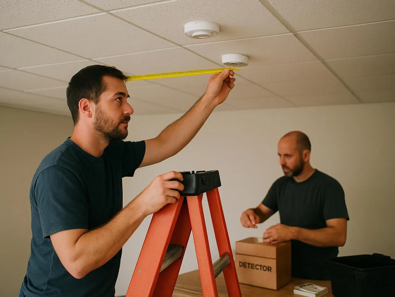 A man measures a ceiling device on a ladder while another man packs a detector box in a bare room
