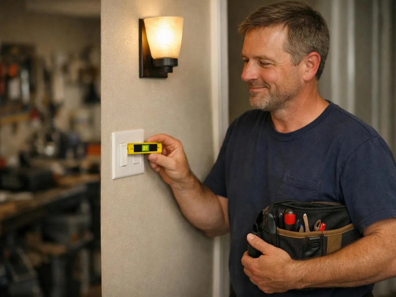 A man measures a wall switch with a small level beside a glowing light fixture indoors
