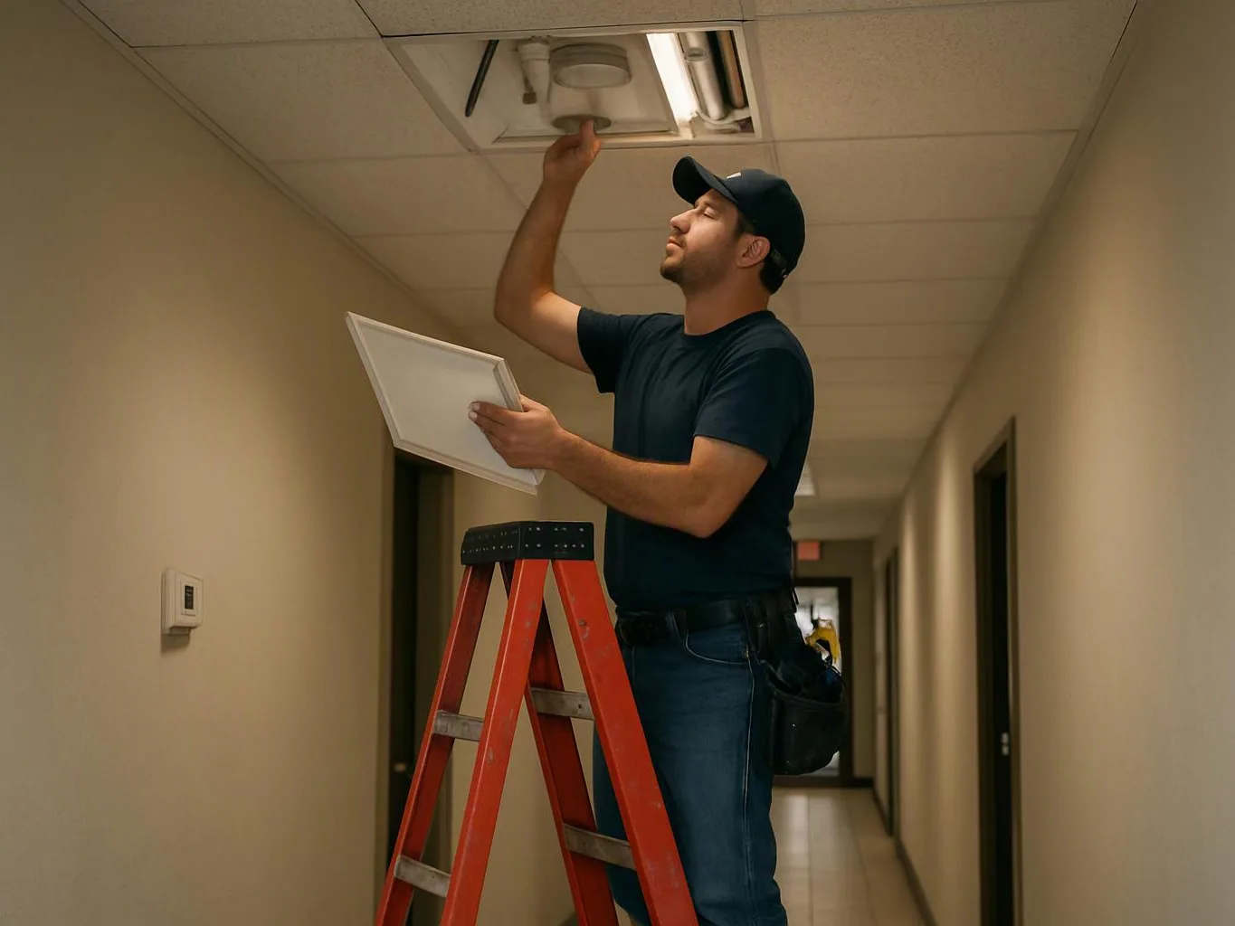 A man on a red ladder repairs a ceiling fixture in a narrow hallway
