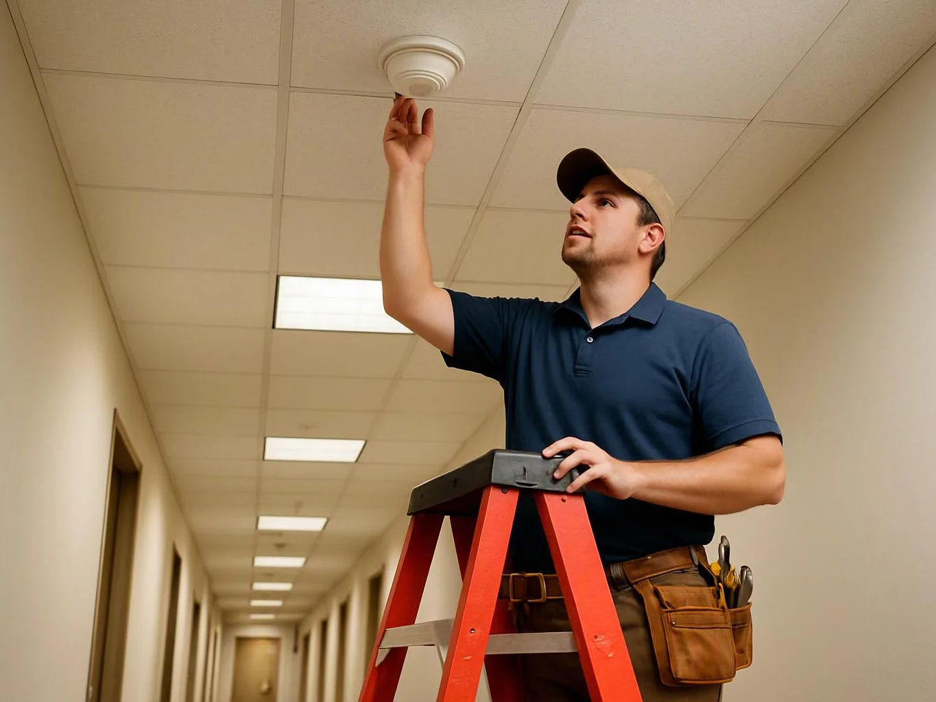 A man on a red step ladder reaches up to inspect a ceiling smoke detector in a hallway