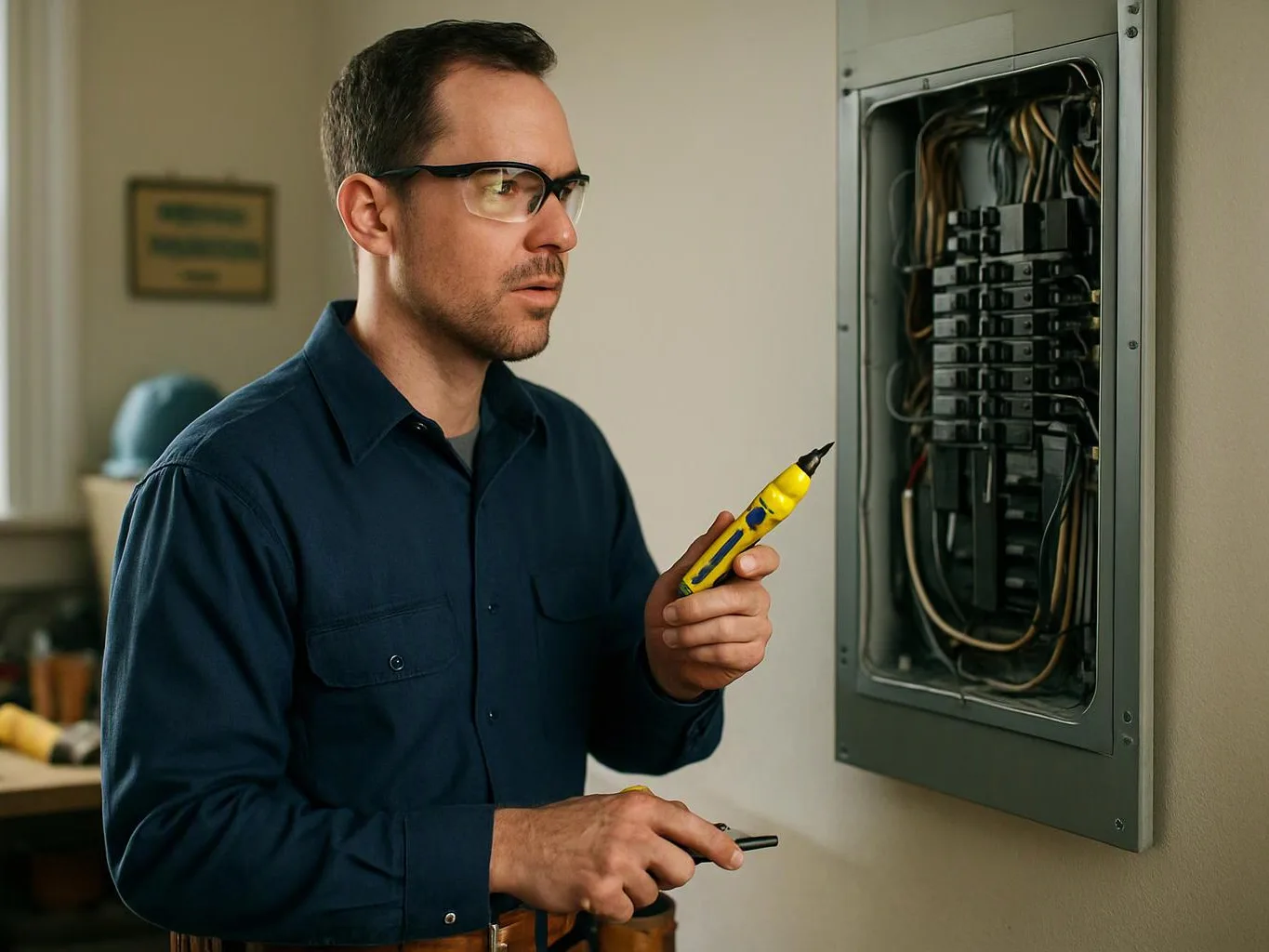 A man in safety glasses inspects an open electrical panel with a voltage tester in a room