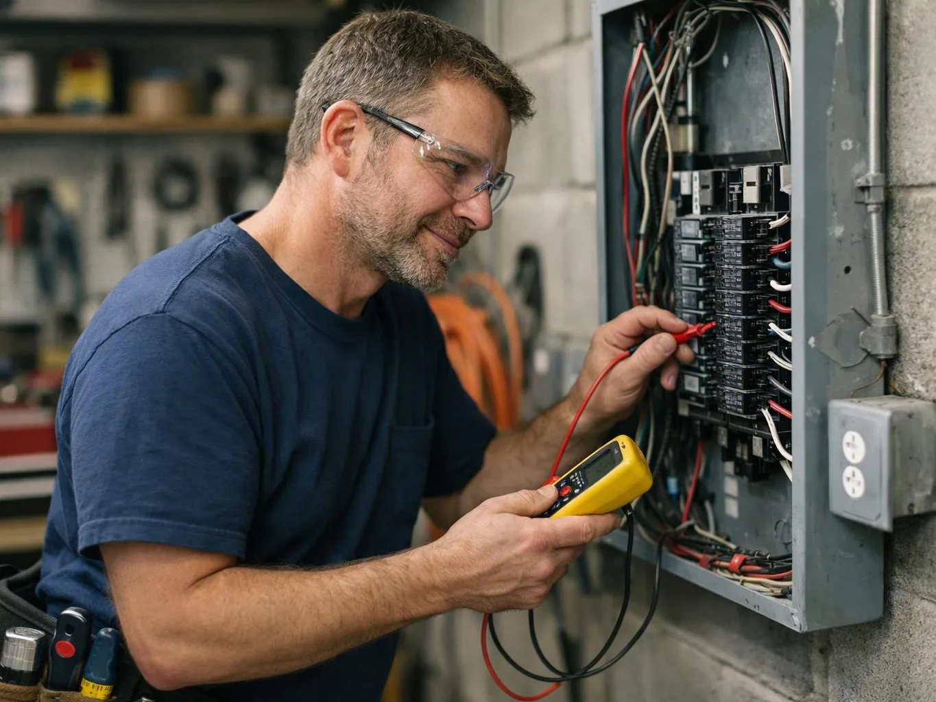A man in safety glasses tests wires inside an open electrical panel with a yellow meter in a workshop