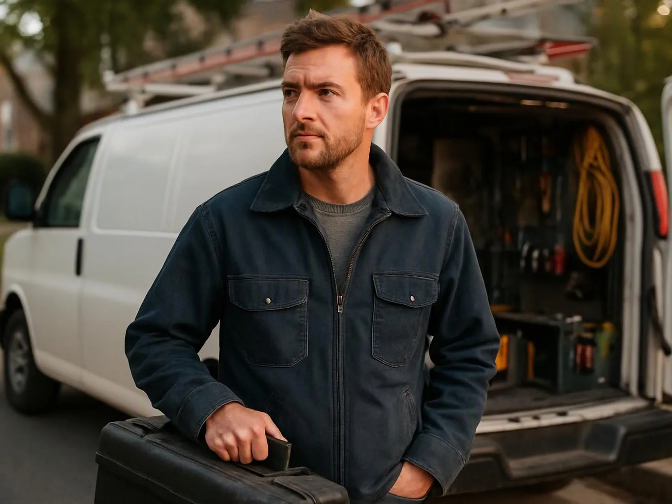 A man stands beside a white work van with open doors, holding a black case and looking off to the side
