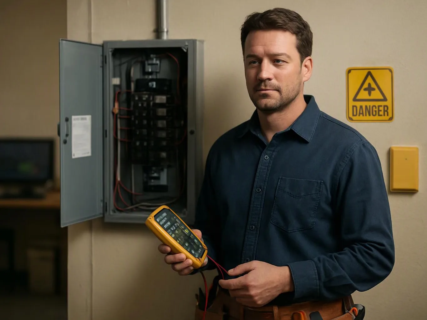 A man stands by an open electrical panel, holding a yellow meter in a room with a danger sign
