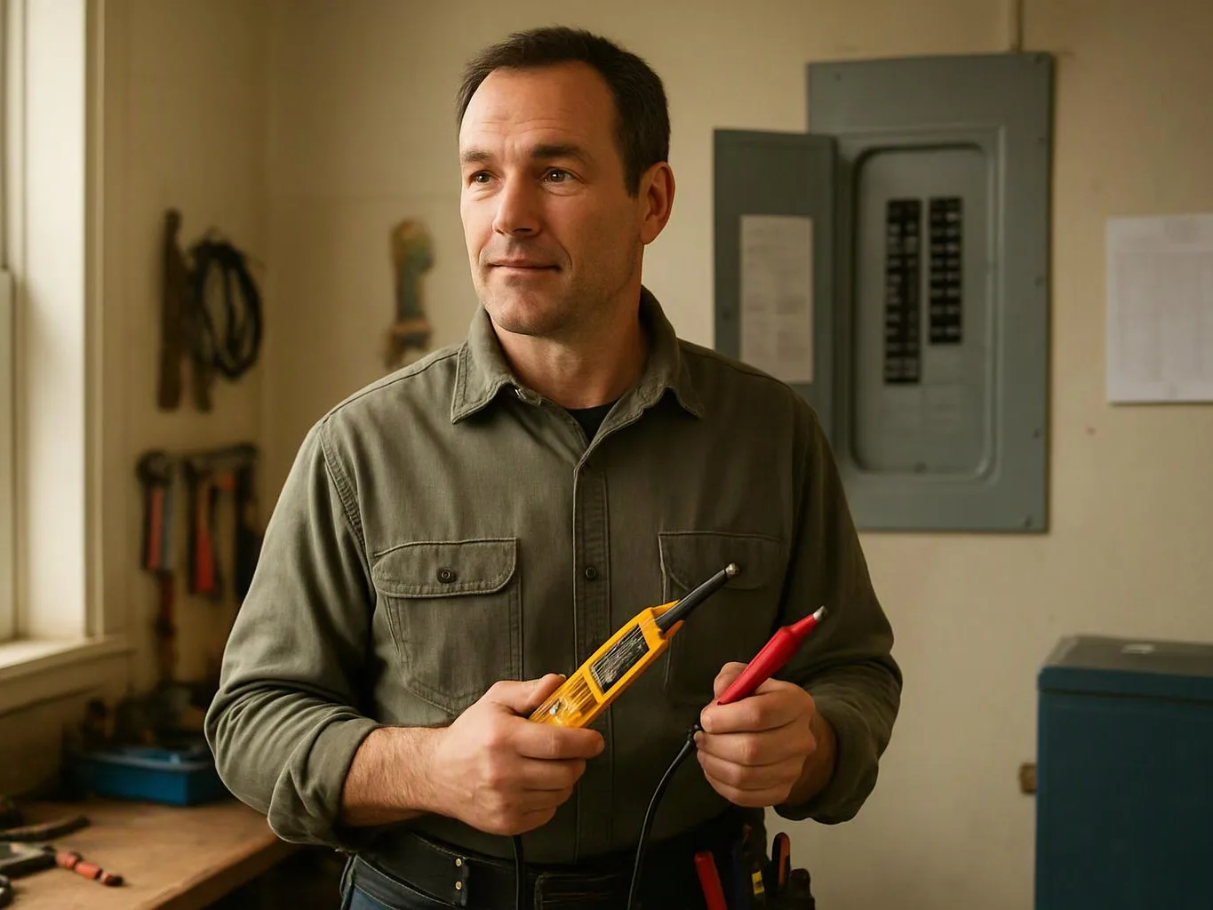 A man stands in a workshop, holding a yellow tester and a red probe near an open electrical panel