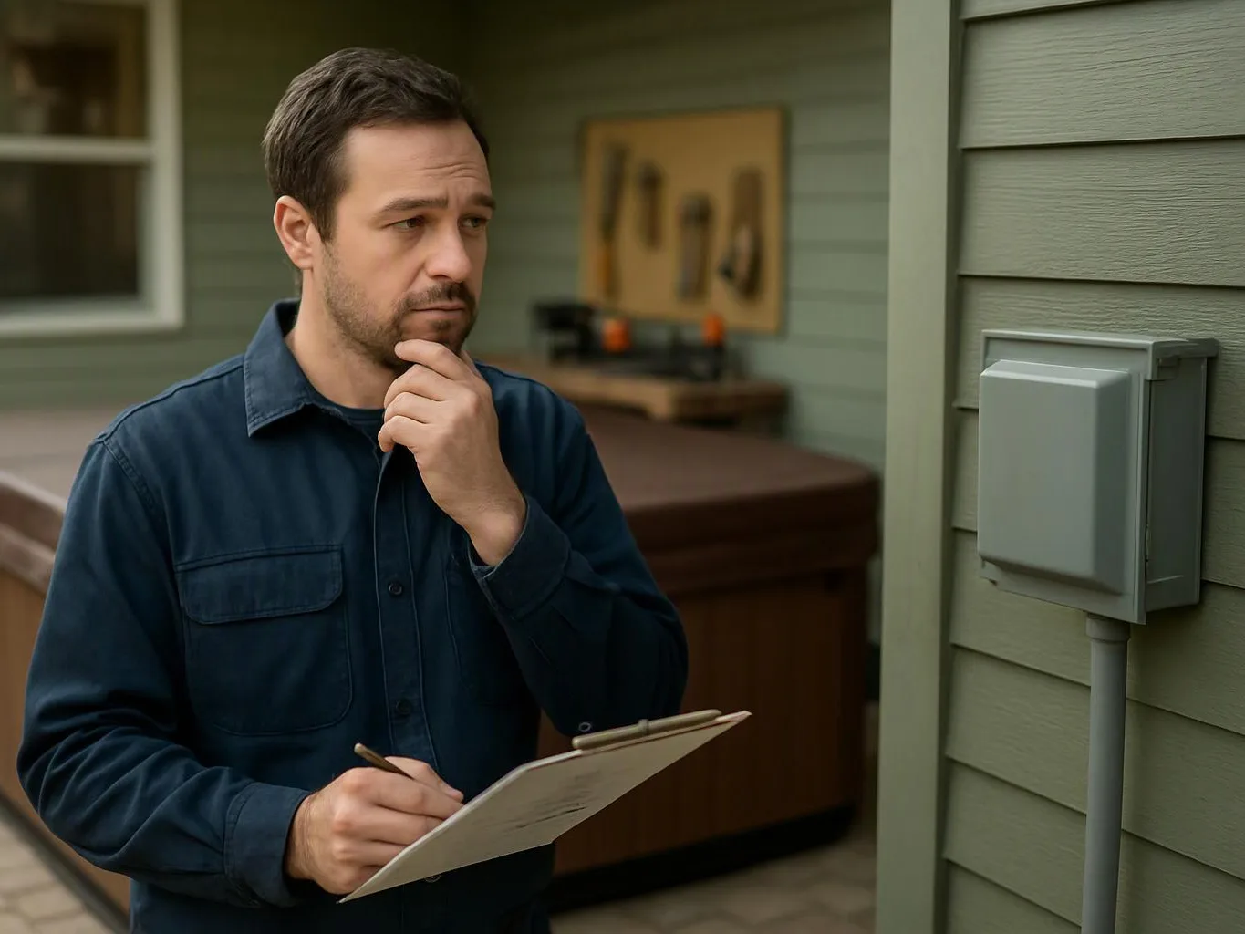 A man studies an outdoor electrical box while writing on a clipboard beside a house wall