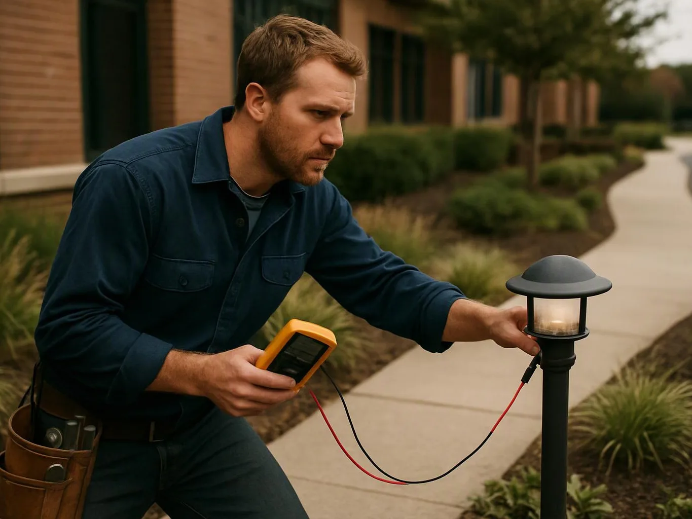 A man tests a small path light with a meter beside a sidewalk and building exterior