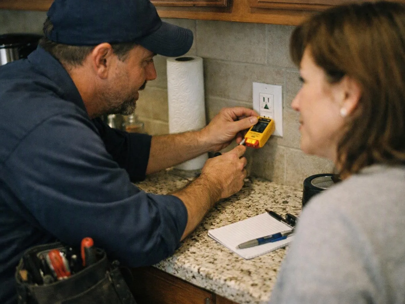 A man tests a wall outlet with a yellow meter while a woman watches in a kitchen